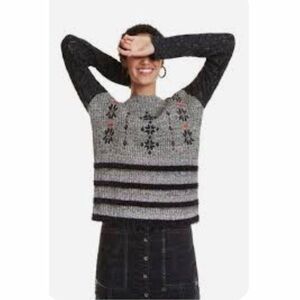 Desigual Nordic sweater embroidered knit heathered grey black XL cottage winter